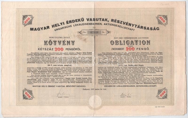 Budapest 1928. 'Magyar Helyi Érdekű Vasutak, Részvénytársaság' kötvénye 200P-ről, szelvényekkel és szárazpecséttel T:III