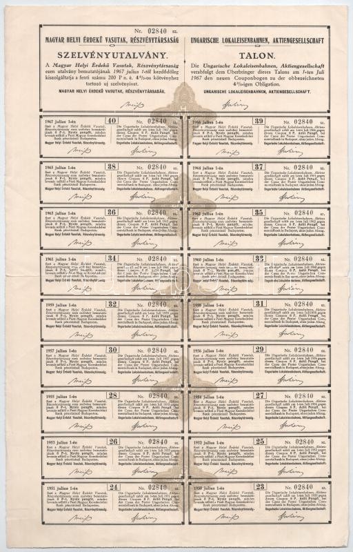 Budapest 1928. 'Magyar Helyi Érdekű Vasutak, Részvénytársaság' kötvénye 200P-ről, szelvényekkel és szárazpecséttel T:III - Image 2