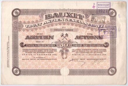 Svájc / Zürich 1926. 'Bauxit Tröszt Részvénytársaság' 5db részvénye egyenként 50Fr-ról bélyegzésekkel, szelvényekkel, szárazpecséttel, perforációval T:III Switzerland / Zurich 1926. 'Bauxit Trust Joint-stock Company' 5 shares, all
