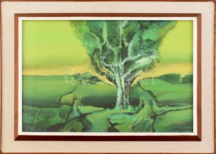Pintér József (1922-2002): Eső után, 1981. Akril, farost. Jelzett. Hátoldalon címkén Pintér József autográf ajándékozási soraival. Dekoratív, üvegezett fa keretben. 35x50 cm