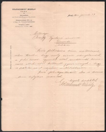 1902 Arad, Goldschmidt Mihály Giro-számla fejléces levélpapírjára írt levél