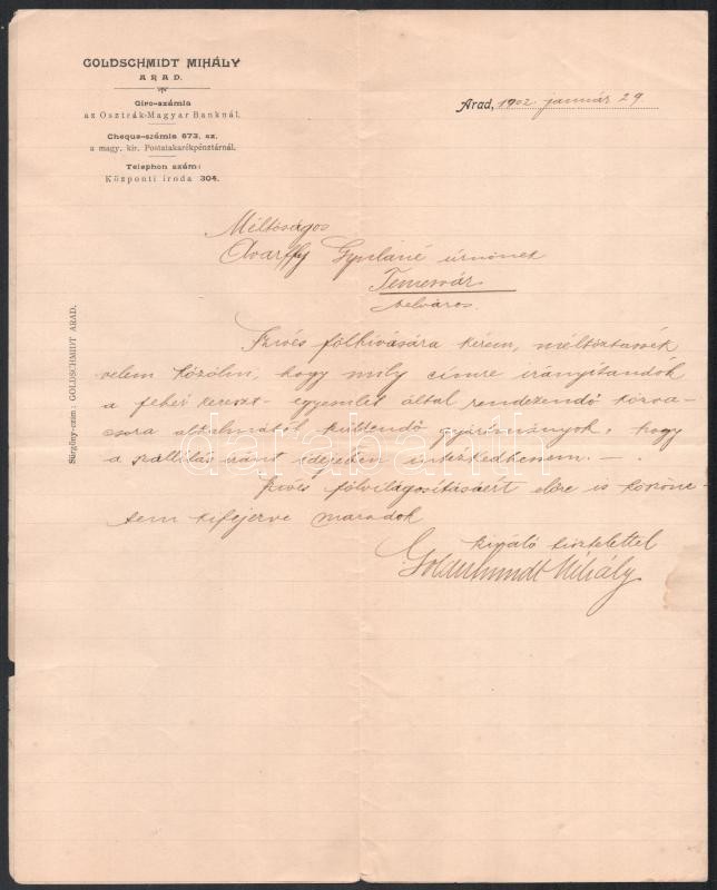 1902 Arad, Goldschmidt Mihály Giro-számla fejléces levélpapírjára írt levél