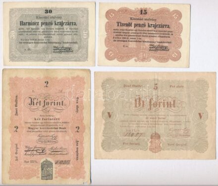 1848. 2Ft 'Kossuth bankó' 'HPh. 59317' kis anyaghiány + 5Ft 'Kossuth bankó' barna nyomat 'FL:o. 18487' + 1849. 15kr + 1849. 30kr T:III,III- közte szép papír