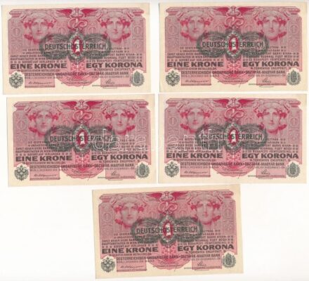 1916. 1K (5x, sorszámkövetők) zöld 'DEUTSCHÖSTERREICH' felülbélyegzéssel T:I- Hungary 1916. 1 Krone (5x consecutive serials) with green 'DEUTSCHÖSTERREICH' overprint C:AU Adamo K3B