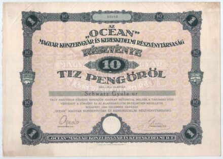 Budapest 1926. 'Az 'OCEAN' Magyar Konzervgyár és Kereskedelmi Részvénytársaság' névre szóló részvénye 10P-ről, szárazpecséttel, szelvényekkel T:II-