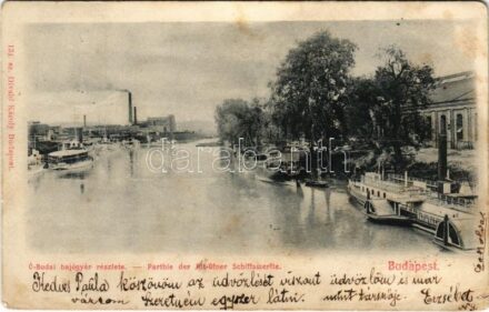 1899 (Vorläufer) Budapest III. Óbudai hajógyár részlete, 'Tachtalia' kerekes személyszállító gőzhajó, DDSG 208-as számú uszály, Divald Károly 134. sz. (EK)