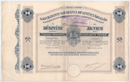 Budapest 1926. 'Nagybátonyi Szénbánya Részvénytársaság' tíz részvénye egyben, egyenként 15P-ről, szárazpecséttel, bélyegzéssel T:III kis szakadások