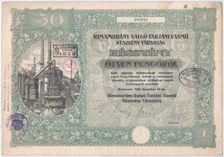 Budapest 1925. 'Rimamurány-Salgó-Tarjáni Vasmű Részvény-Társaság' részvénye 50P-ről, szárazpecséttel és bélyegzésekkel, szelvényekkel T:III