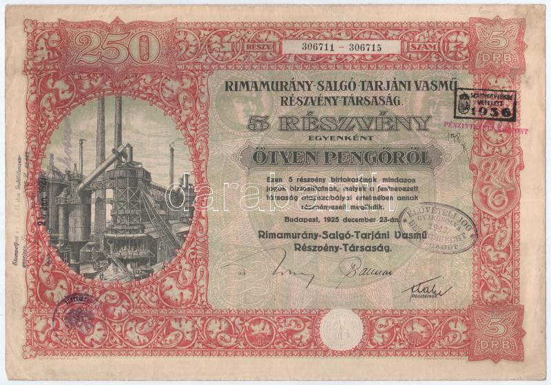 Budapest 1925. 'Rimamurány-Salgó-Tarjáni Vasmű Részvény-Társaság' 5db részvénye egyenként 50P-ről, szárazpecséttel és bélyegzésekkel, szelvényekkel T:III