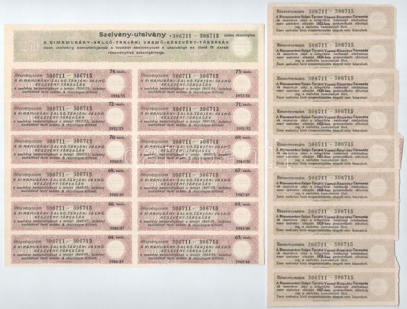 Budapest 1925. 'Rimamurány-Salgó-Tarjáni Vasmű Részvény-Társaság' 5db részvénye egyenként 50P-ről, szárazpecséttel és bélyegzésekkel, szelvényekkel T:III - Image 2