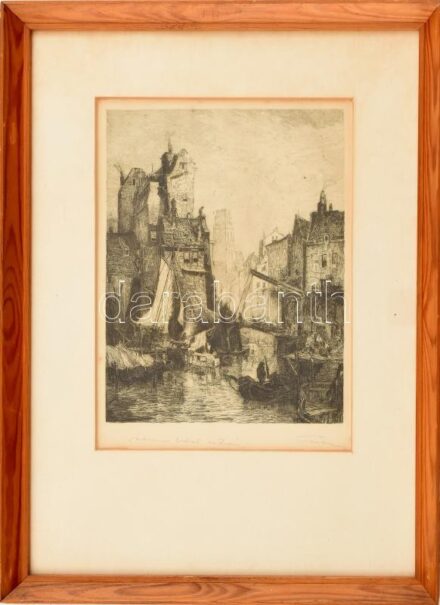 Olvashatatlan jelzéssel: Vízparti város. Rézkarc, papír. Üvegezett fa keretben. 22x17 cm