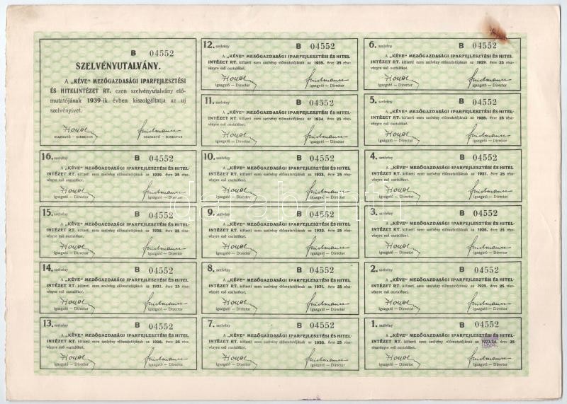 Budapest 1923. ' 'KÉVE' Mezőgazdasági Iparfejlesztési és Hitelintézet Rt.' huszonöt részvénye egyben összesen 12.500K-ról, 1db szelvénnyel, szárazpecséttel, bélyegzéssel T:II rozsdás kapocs nyoma - Image 2