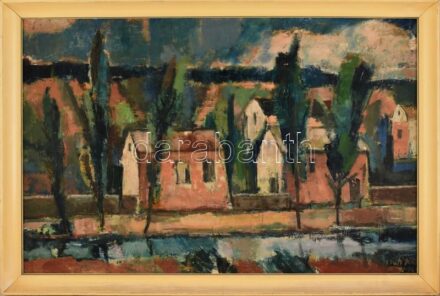 Vati József (1927-2017): Táj. Olaj, farost, jelzett, hátoldalán Képcsarnok Vállalat címkéjével, fa keretben, 60×90 cm