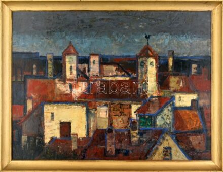 Gádor Emil (1911-1998): Öreg város. Olaj, farost, jelzett, hátoldalán autográf felirattal ('Balatoni Nyári Tárlat 1972') és Képcsarnok Vállalat címkéivel, mely szerint szerepelt a festő Tiszavasváriban rendezett kiállításán.
