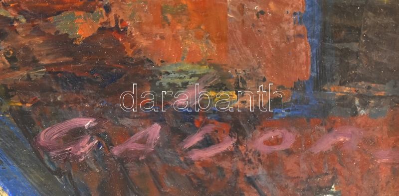 Gádor Emil (1911-1998): Öreg város. Olaj, farost, jelzett, hátoldalán autográf felirattal ('Balatoni Nyári Tárlat 1972') és Képcsarnok Vállalat címkéivel, mely szerint szerepelt a festő Tiszavasváriban rendezett kiállításán. - Image 2