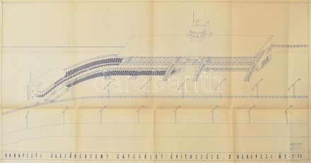 Az 1933-ban megnyitott kerepesi úti ügető (BÜE) távlati látványterve vázlatosan. Nagy méretű a tervező: ifj. Paulheim Ferenc pecsétjével jelzett. 84x44 cm Hajtva