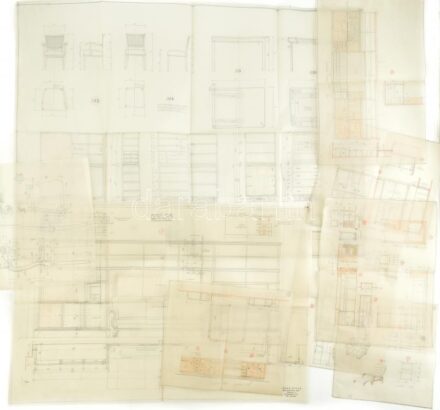 cca 1940 Kaesz Gyula (1897-1967): Lakás komplett bútorzatának terve 9 db eredeti ceruzás tervrajz, néhány pecséttel jelzett. 67x45 cm-ig