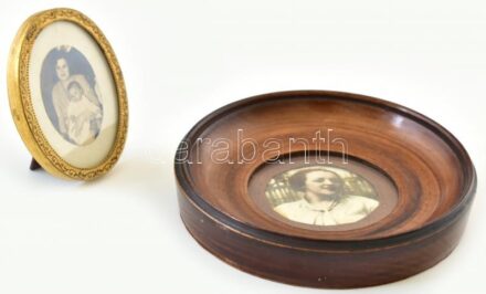 2db képkeret, kerek, fa és ovális fém, d:5cm, 5x4cm
