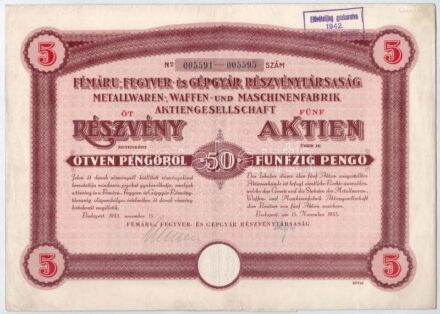 Budapest 1935. 'Fémáru-, Fegyver- és Gépgyár Részvénytársaság' 5 részvénye egyben, egyenként 50P-ről, német és magyar nyelven, bélyegzésekkel, szelvényekkel T:II-