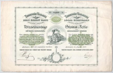Budapest 1907. 'Temesvár-Varjasi Helyi Érdekű Vasut Részvény-Társaság' törzsrészvénye 200K-ról, magyar és német nyelven, szárazpecséttel, szelvényekkel T:II- / Hungary 1907. 'Local Interest Railway Share Company of Temesvár-Varjas'