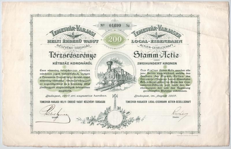 Budapest 1907. 'Temesvár-Varjasi Helyi Érdekű Vasut Részvény-Társaság' törzsrészvénye 200K-ról, magyar és német nyelven, szárazpecséttel, szelvényekkel T:II- / Hungary 1907. 'Local Interest Railway Share Company of Temesvár-Varjas'