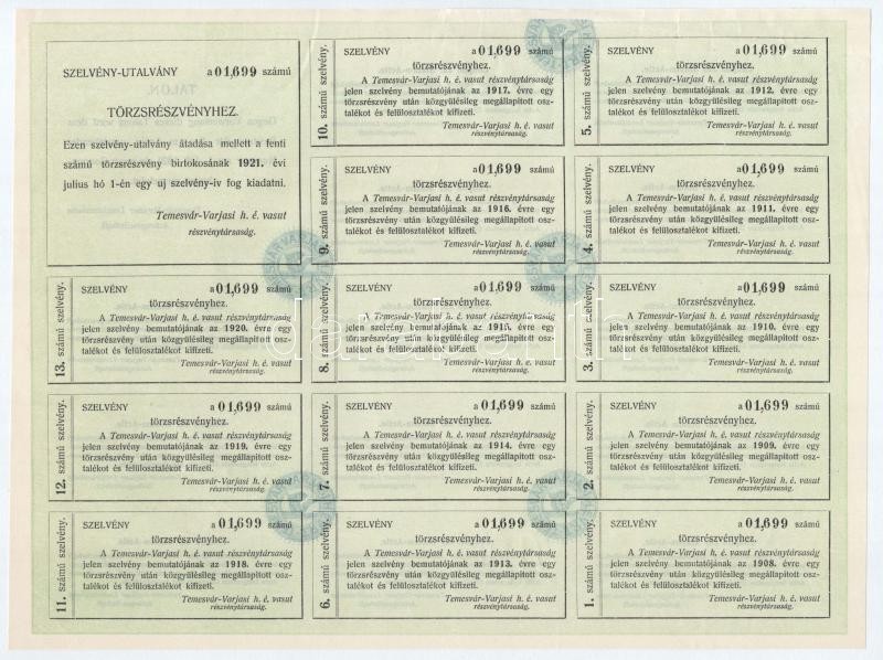 Budapest 1907. 'Temesvár-Varjasi Helyi Érdekű Vasut Részvény-Társaság' törzsrészvénye 200K-ról, magyar és német nyelven, szárazpecséttel, szelvényekkel T:II- / Hungary 1907. 'Local Interest Railway Share Company of Temesvár-Varjas' - Image 2