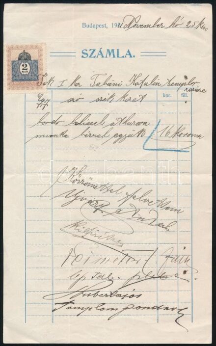1911 Bp. Tabán, Özv. Ujváry Sándorné kárpitos és díszítő fejléces számla okmánybélyeggel