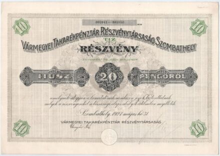 Szombathely 1927. 'Vármegyei Takarékpénztár Részvénytársaság, Szombathely' 10 részvénye egyben, egyenként 20P-ről, szárazpecséttel, szelvényekkel T:I-