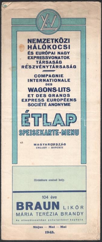 1943 Nemzetközi Hálókocsi és Európai Nagy Expresszvonatok Társaság étlapja
