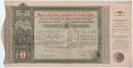 Budapest 1882. 'Magyar szent korona országainak vörös-kereszt egylete' kisorsolási kötvénye 5Ft értékben bélyegzésekkel (3x) T:III kisebb szakadások