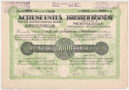 Románia / Arad 1923. 'Mezőgazdák Kereskedelmi Részvénytársaság' részvénye 3000L-ről, szelvényekkel, szárazpecséttel és felülbélyegzésekkel T:II- kis szakadás Romania / Arad 1923. 'Commercial Agriculture Company' share about 3000