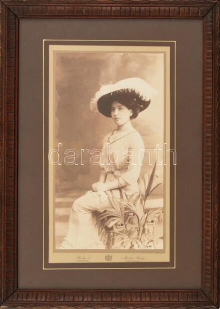 cca 1910-15 Elegáns, kalapos hölgy portréja. Vintage fotó Martin Balg udvari fényképész berlini műterméből. 27x15 cm. Üvegezett fakeretben.