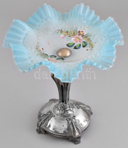 Ezüst (Ag) Talpú, fodros, üveg, kínálótál, jelzett, kopásnyomokkal, m:24cm, nettó:163g