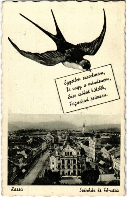 1943 Kassa, Kosice; 'Egyetlen szerelmem, te vagy a mindenem, ezer csókot küldök, fogadjad szívesen'. Montázslap fecskével / Love greeting montage postcard with swallow