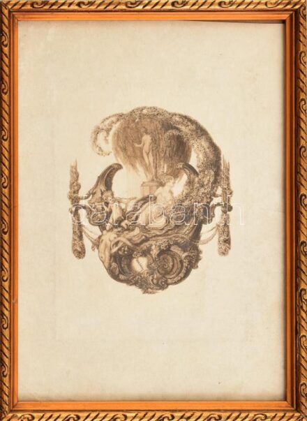Franz von Bayros (1866-1924): Erotikus jelenet. Heliogravür, papír, jelzett a nyomaton. Üvegezett, dekoratív fa keretben, 16x12 cm