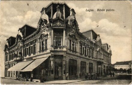 1915 Lugos, Lugoj; Bésán palota, Délmagyarországi Bank, Corso kávéház / palace, bank, cafe (gyűrődések / creases)