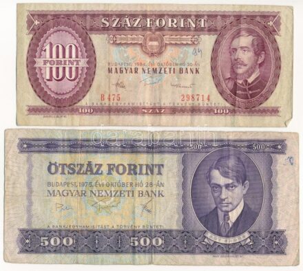 1975. 500Ft 'E 162 084313' + 1984. 100Ft 'B 475 298714' T:III kis szakadás, kis firka Adamo F41, F35