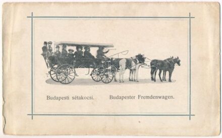 Budapest, sétakocsi. Képes-Zárt-Levelező-Lap. Rózsa-féle Utazási Központi Iroda kiadása / Budapester Fremdenwagen (szakadás / tear)