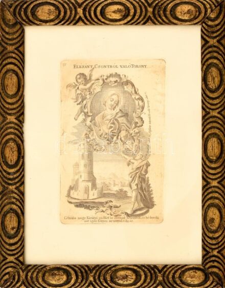 Jelzés nélkül: Elefántcsontból való torony (bibliai jelenet). Rézmetszet, papír. Üvegezett, dekoratív fa keretben, 14,5x9,5 cm