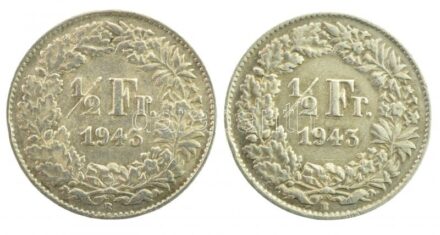 Svájc 1943B 1/2Fr Ag (2x) T:2,2- patina Switzerland 1943B 1/2 Franc Ag (2x) C:XF,VF patina Krause KM#23