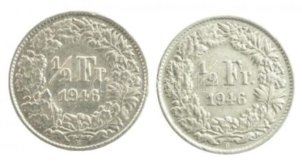 Svájc 1946B 1/2Fr Ag (2x) T:2,2 patina Switzerland 1946B 1/2 Franc Ag (2x) C:XF,VF patina Krause KM#23