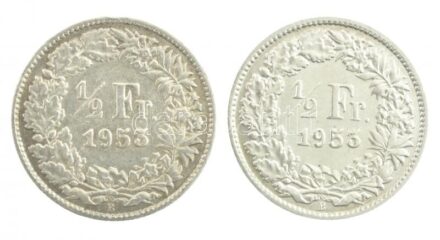 Svájc 1953B 1/2Fr Ag (2x) T:1-,2 patina Switzerland 1953B 1/2 Franc Ag (2x) C:AU,XF patina Krause KM#23