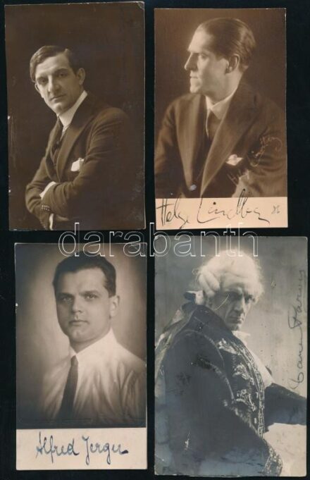 6 db aláírt vagy dedikált külföldi operaénekes fotólap vagy fotó az 1910-40 körüli időszakból: Alfred Jerger (1889-1976), Helge Lindberg (1887-1928), Goll Bea (1927-2014) többi beazonosításra vár / 6 autographs of opera singers.