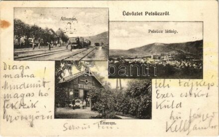 1906 Pelsőc, Pelsőcz, Pelsücz, Plesivec (Gömör); vasútállomás, vonat, étterem / railway station, train, restaurant