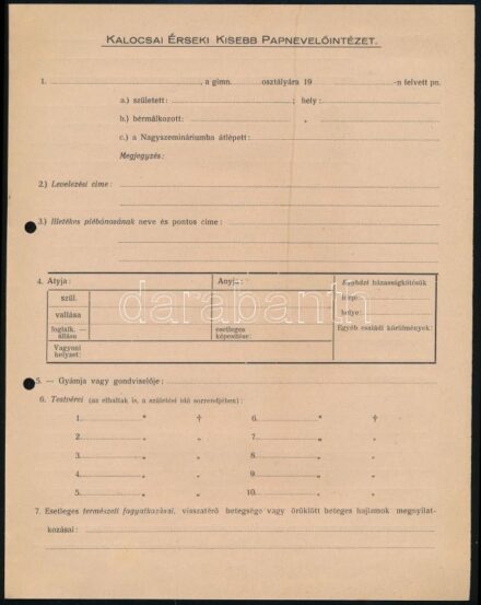 cca 1910-1930 A Kalocsai Érseki Kisebb Papnevelőintézet felvételi lapja, kitöltetlen, lyukasztással