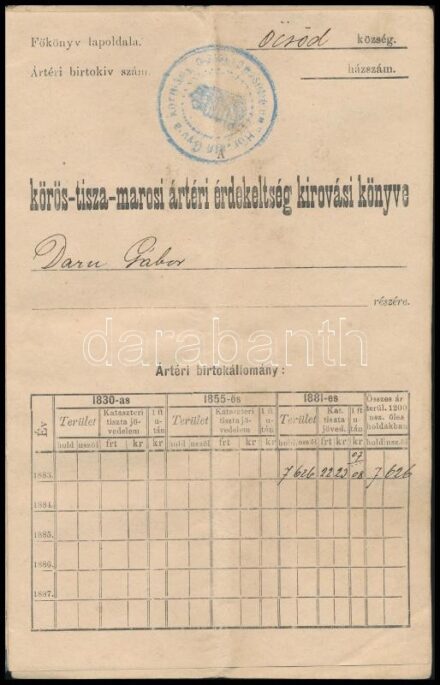 1883-1888 Öcsöd, a körös-tisza-marosi ártéri érdekeltség kirovási könyve Daru Gábor részére, bejegyzésekkel, laza fűzéssel, középen hajtott