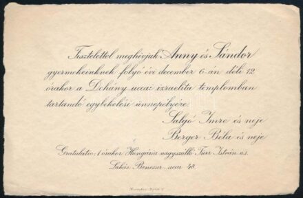 cca 1900-1920 Bp., meghívó a Dohány utcai zsinagógában tartott esküvőre, illetve a Hungária Nagyszállóban rendezett lakodalomra