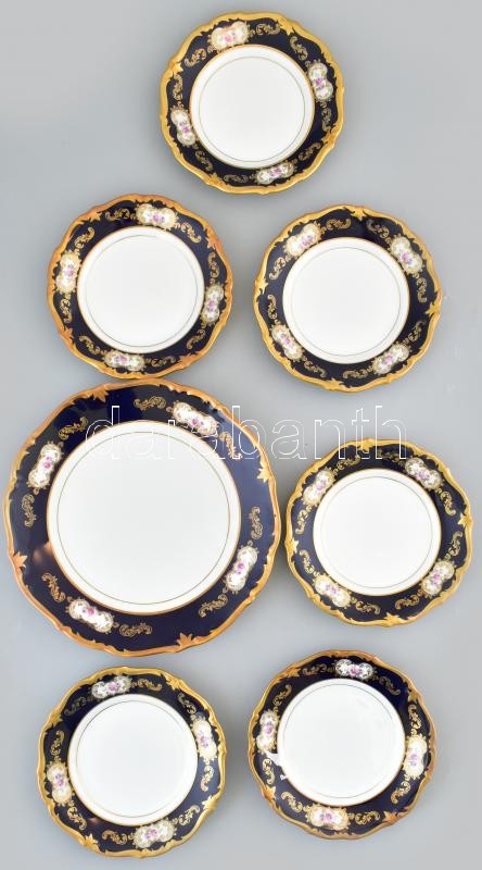 Echt Kobalt, német süteményeskészlet, matricás porcelán, jelzett, kopásnyomokkal, d: 19-28cm