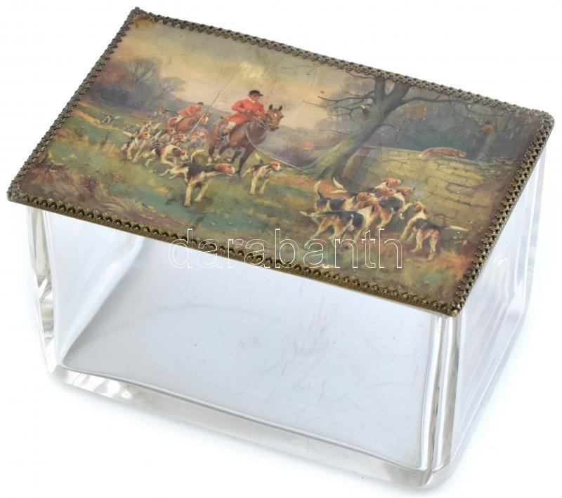 Angol üveg doboz, vadászjelenetes nyomat fedővel, sérült, 14x9x9cm