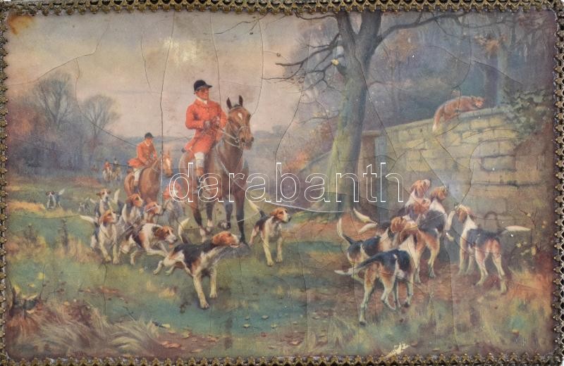 Angol üveg doboz, vadászjelenetes nyomat fedővel, sérült, 14x9x9cm - Image 2